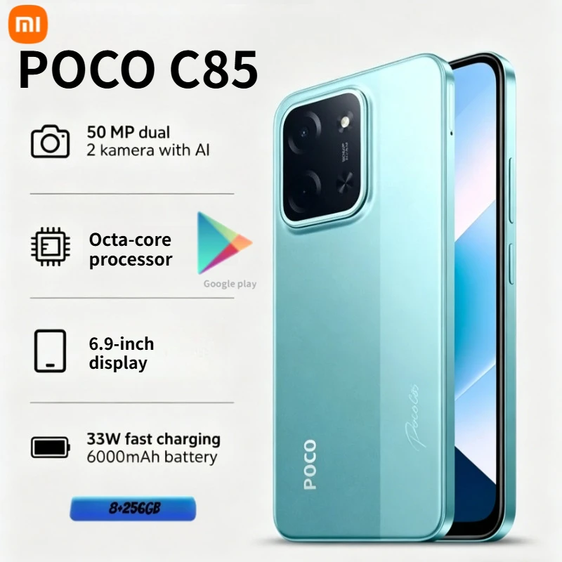 The new 2026 POCO C85 smartphone: 6.9-inch 120Hz LCD display, 6000mAh battery, 33W fast charging, 8GB+256GB storage