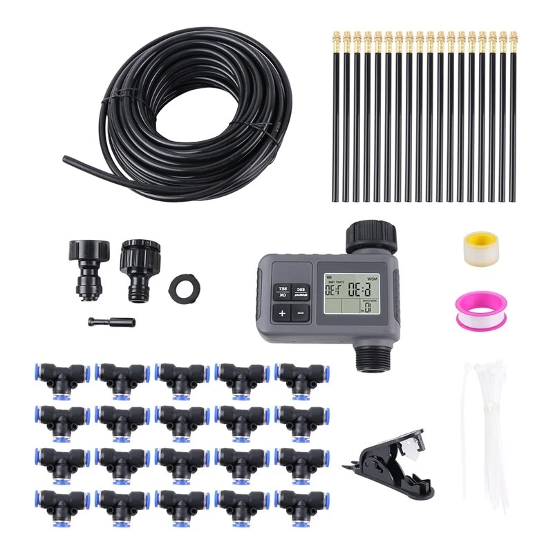 ABYN-60Ft Drip Irrigation System With Smart Water Timer, Solid Brass Connectors, 360° Adjustable Nozzles, Bendable Tubing