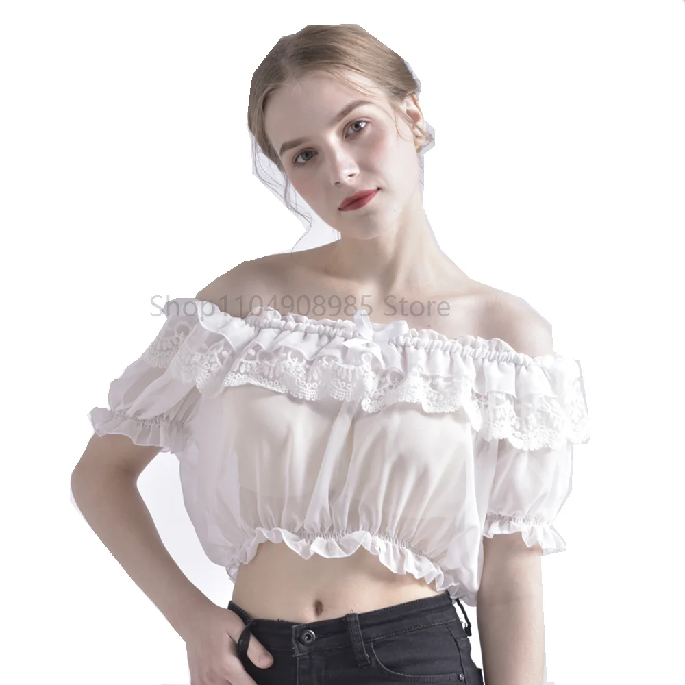 

Lace Chiffon Semi Sheer Blouse Lolita Crop Tops Ruched Women Off Shoulder Lace Ruffle Short Sleeves Sweet Shirt For Lady