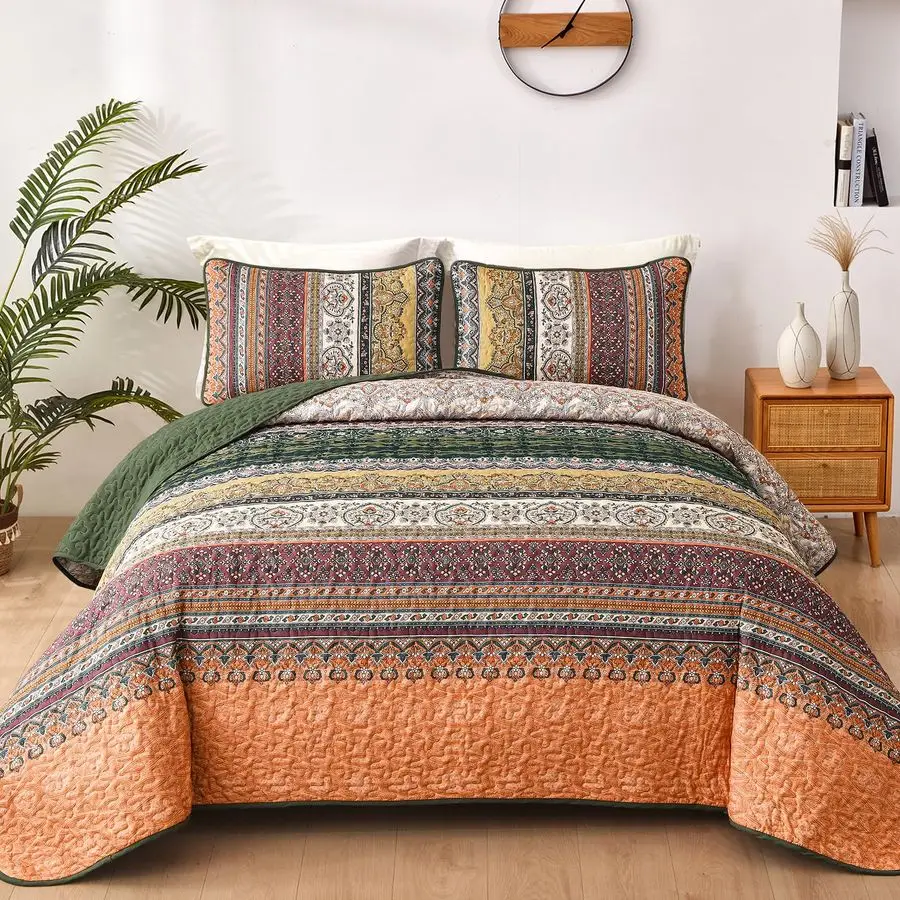 

Boho King Quilt Set, Green and Orange Bohemian Quilt Bedding Set, Fall Lightweight Bed Decor Bedspread for All Season Reversible
