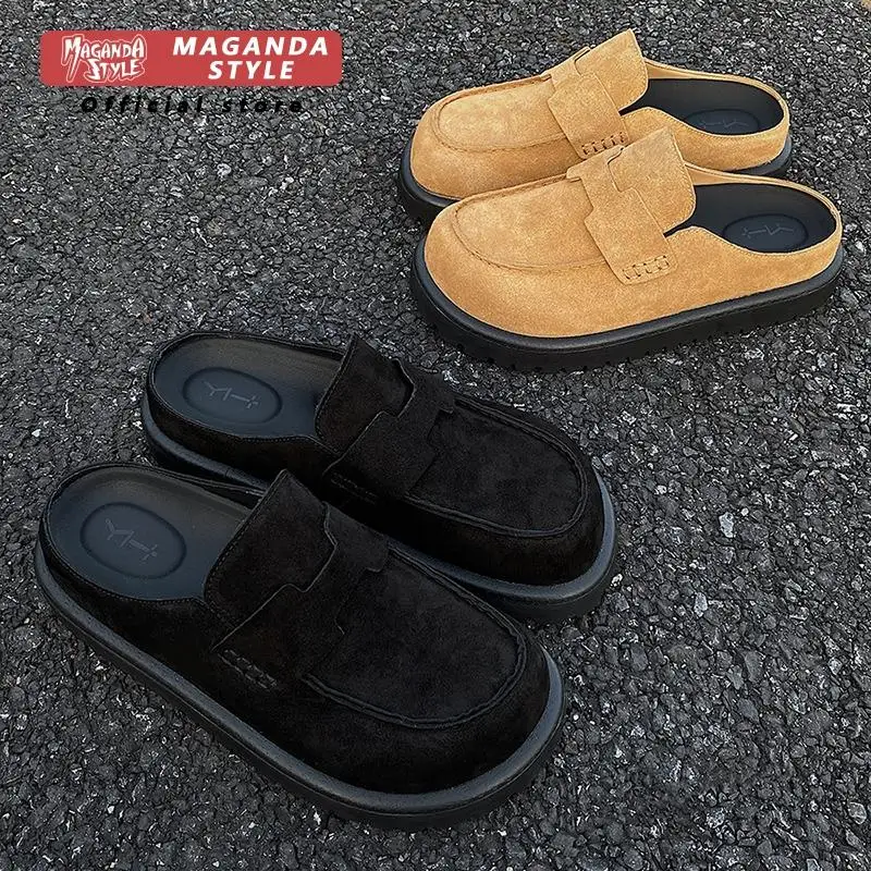 

No back heel loafers leather shoes men's new style cow suede leather Mueller shoes comfortable slippers casual business