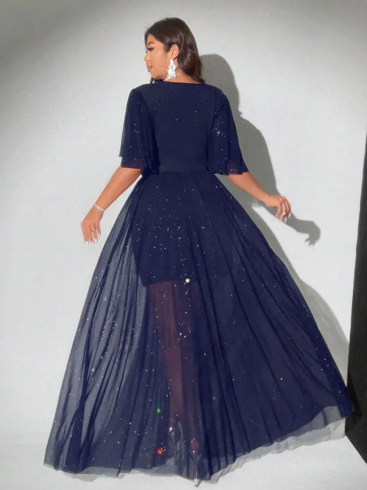 جديد حجم كبير مثير العميق الخامس الرقبة شبكة الترتر ألف خط هيم خياطة بطانة فستان ريترو متوهج كم عالية الشق تنورة مساء فستان