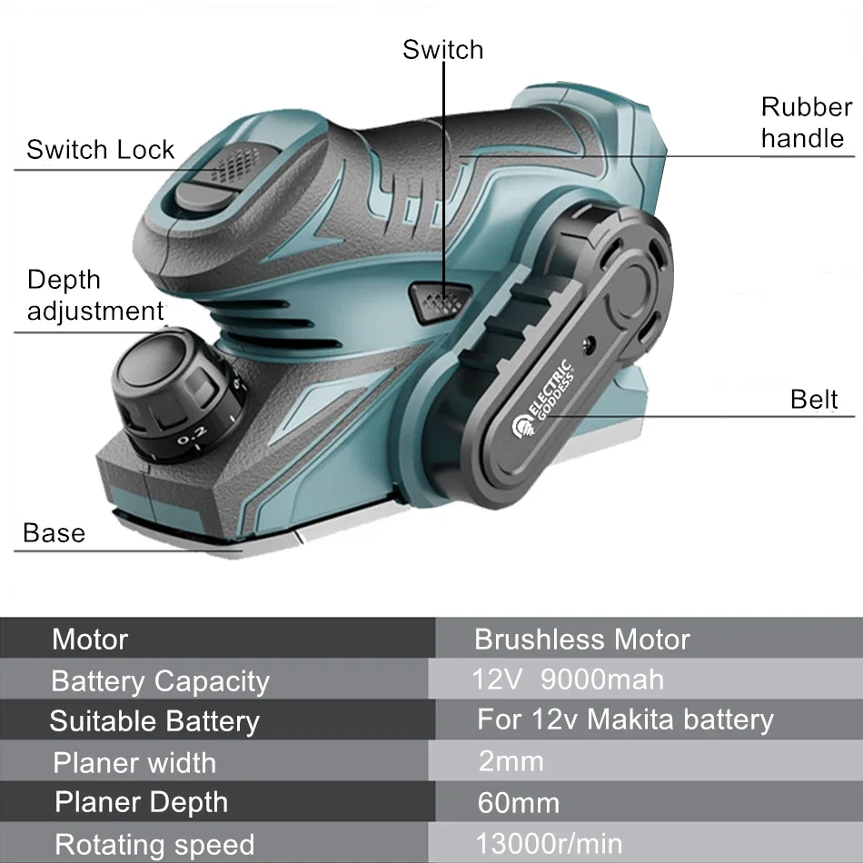 Electric Goddess Cordless Electric Planer Brushless Electric Router Trimmer Engraving Wood Cutting Tools For 12V Makita Battery