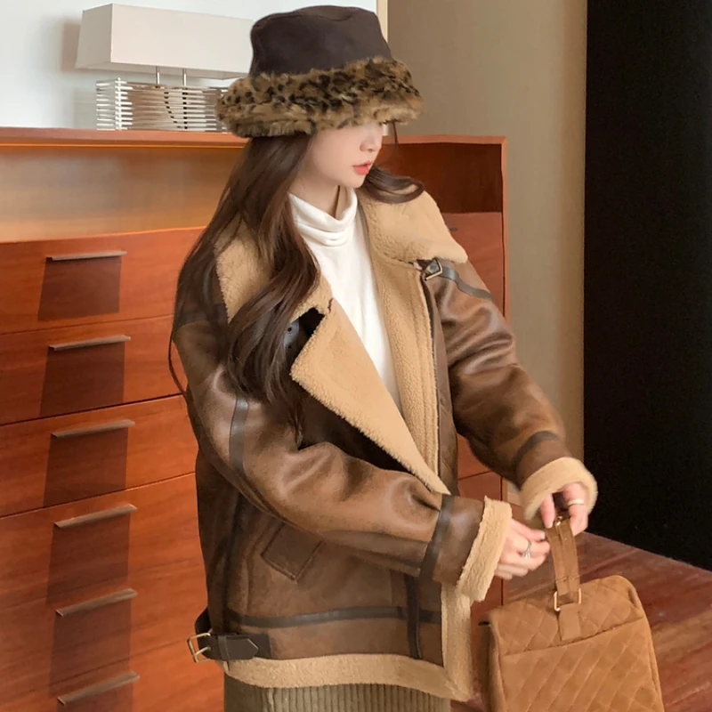 Forst Winter Women Leather Jacket with Shearling Lamb Fur 2023 New Faux Suede Coat Black Brown Thick Warm Motorcycle Top