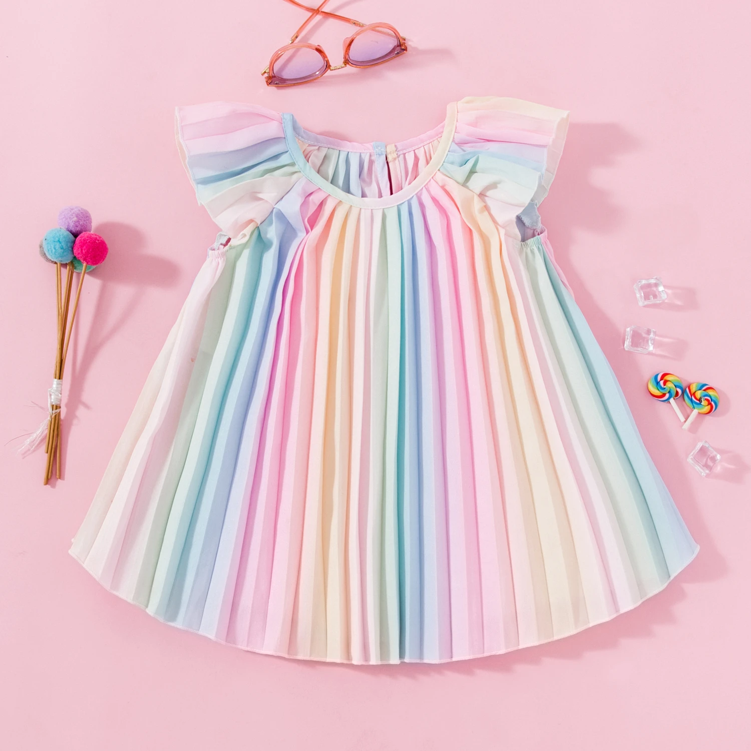 Baby Girl Rainbow Multi Color Pleated Dress Butterfly Sleeve Party Dresses