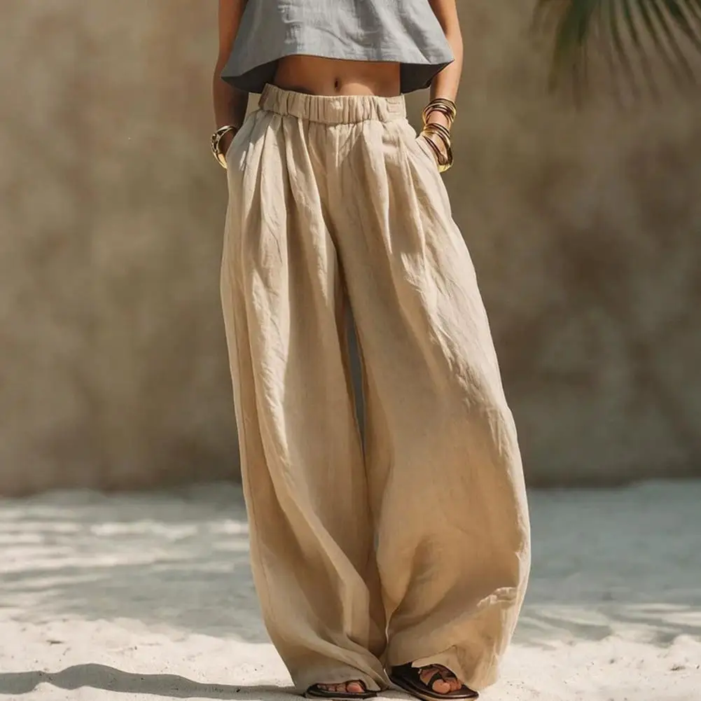 Women Wide Leg Casual Pants, Elastic Waist Solid Color Loose Trousers, Spring Fall Pleated Palazzo Pants with Pockets