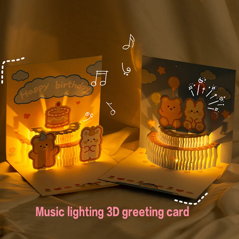 3D Light Music Birthday Card Pop Up Cake Creative Greeting Card Happy Birthday Party Gift Message Cards