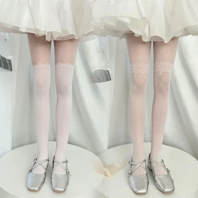 Pure Desire Vertical Stripes White Lace Stitching Stockings Japanese JK Lolita Girl Lace Bow Pantyhose Lolita