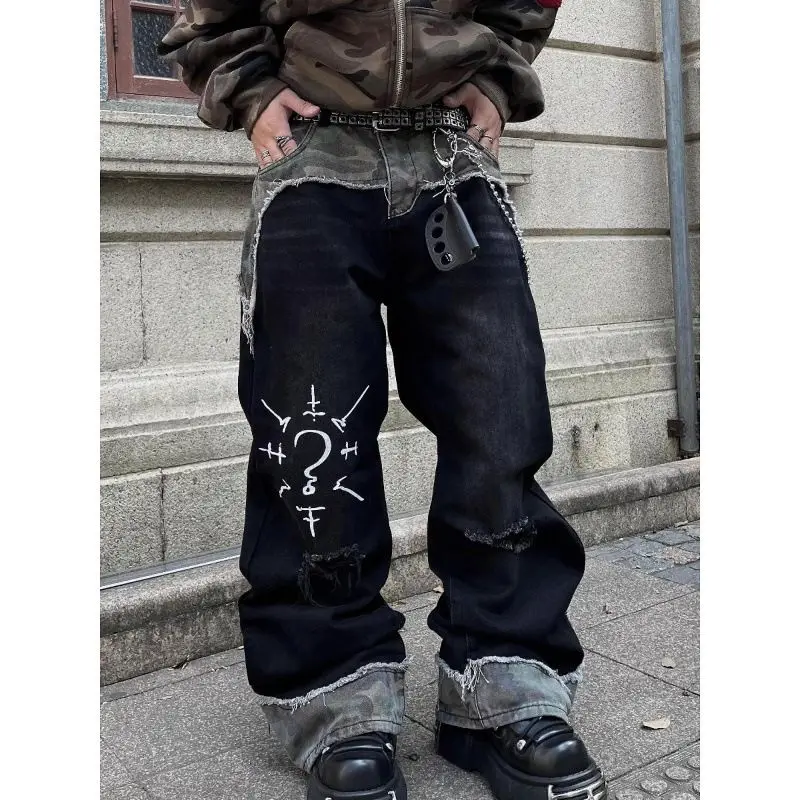 Men's Punk Style Street Splicing Design Jeans High Waist Vintage Pants Boy Bottoms Spring Sweatpants Male Straight Trousers