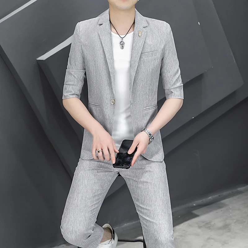 Summer Suit (suit + Trousers) Korean Version of Fashion Handsome Slim Mid-sleeve Casual Seven-point Sleeve Suit Two-piece Set