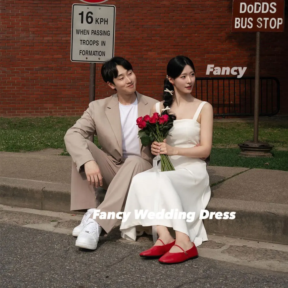 

Fancy Simple A Line Wedding Dress Korea Photo Shoot Square Neck Sleeveless Bridal Gown Floor Length Back Corset Customized