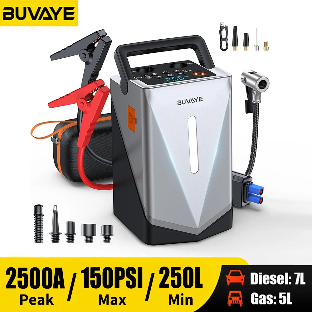 

BUVAYE Car Jump Starter Air Compressor with Power Bank Portable Battery Booster Electric Air Pump Motorcycle Bike Tire Inflator