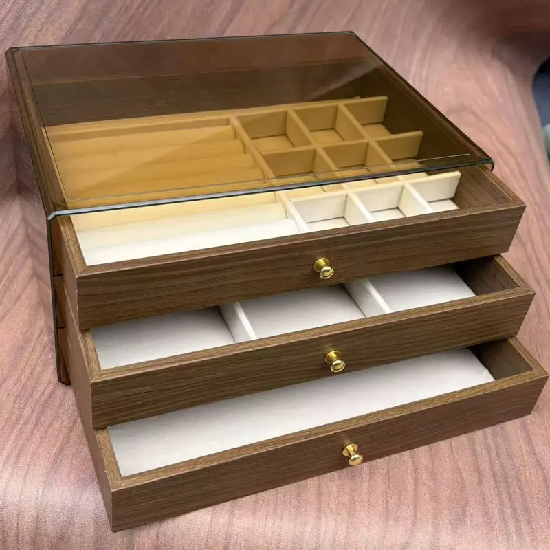 

Walnut Multi-Functional Jewelry Storage Box Display Case for Earrings Bracelets Rings High-End Vintage Style Velvet Material
