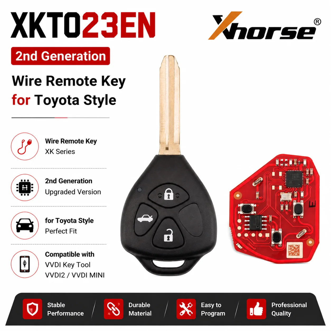 XHORSE XKTO23EN Wire Remote Key for Toyota style(Left) 3 Buttons Triangle Second Generation Car Remote Key for VVDI Key Tool