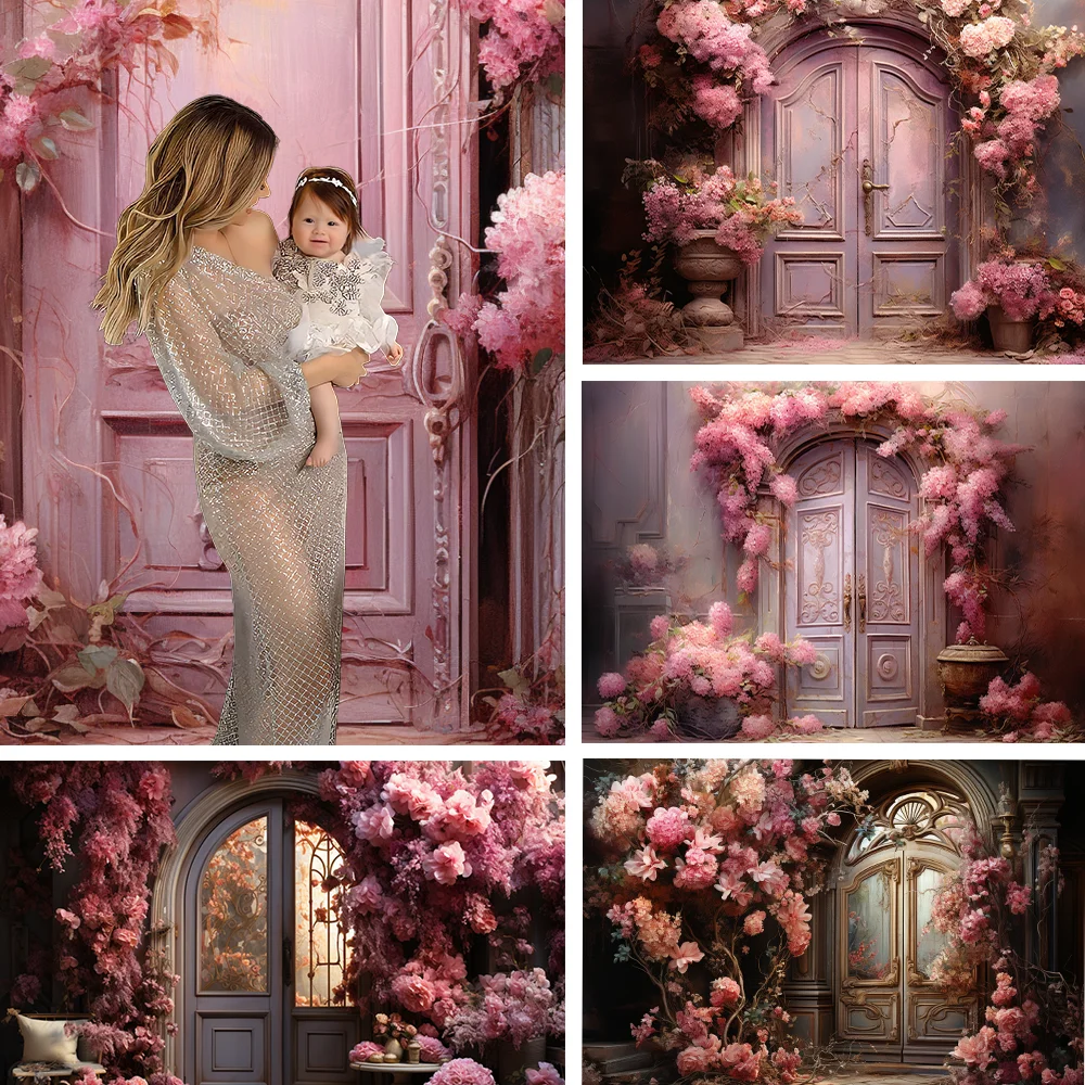 

Valentine's Day Backdrop Pink Door Flowers Fairy Core Subdued Color Children's Birthday Portrait Background Photo Studio