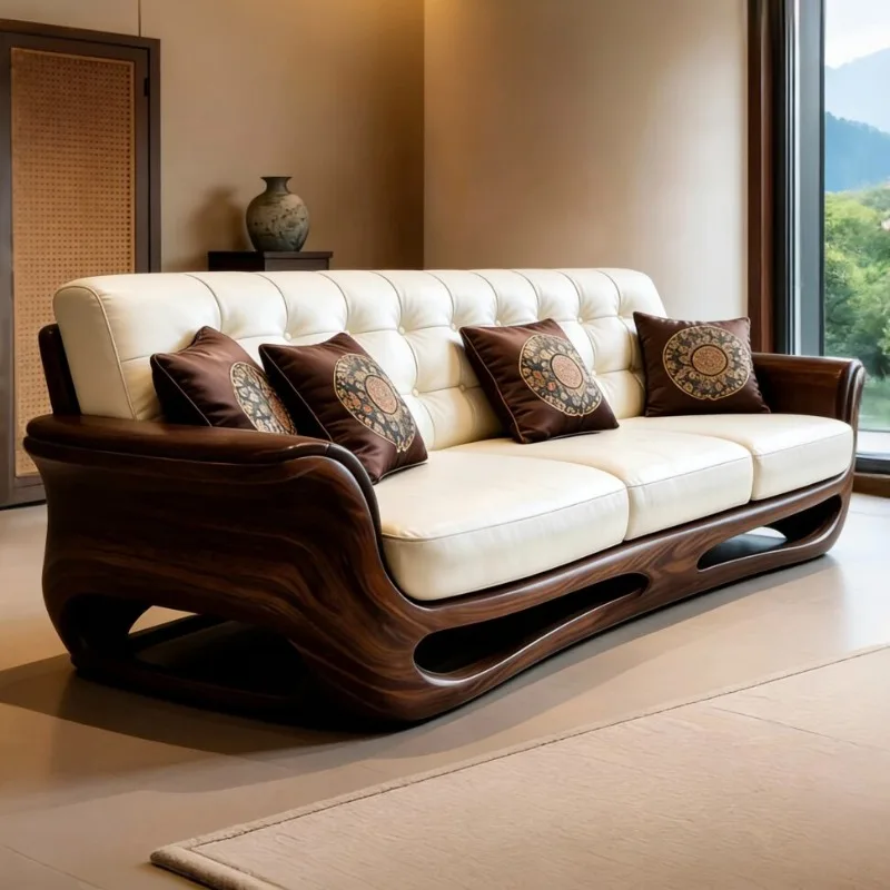 2026 New Black Walnut Solid Wood Genuine Leather Sofa New Chinese Light Luxury Living Room Large Apartment