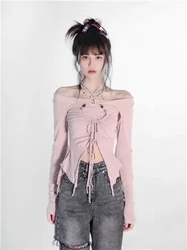 Y2k Streetwear Sexy Camisole Solid Slim Drawstring Irregular Crop Tops Hot Girl Slash Neck Long Sleeve Shirt Women Two Piece Set