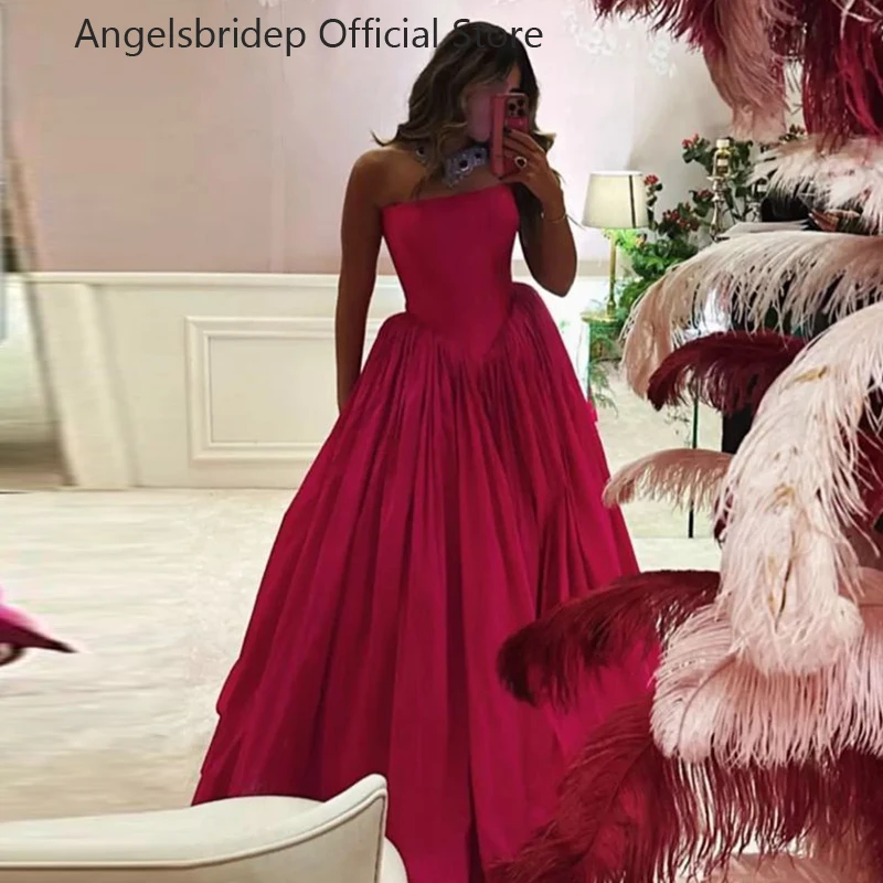 Angelsbridep Fuchsia Satin Prom Dresses Boat Neck A-Line Party Gowns Floor Length Sleeveless Vestidos De Noche Robes De Soirée