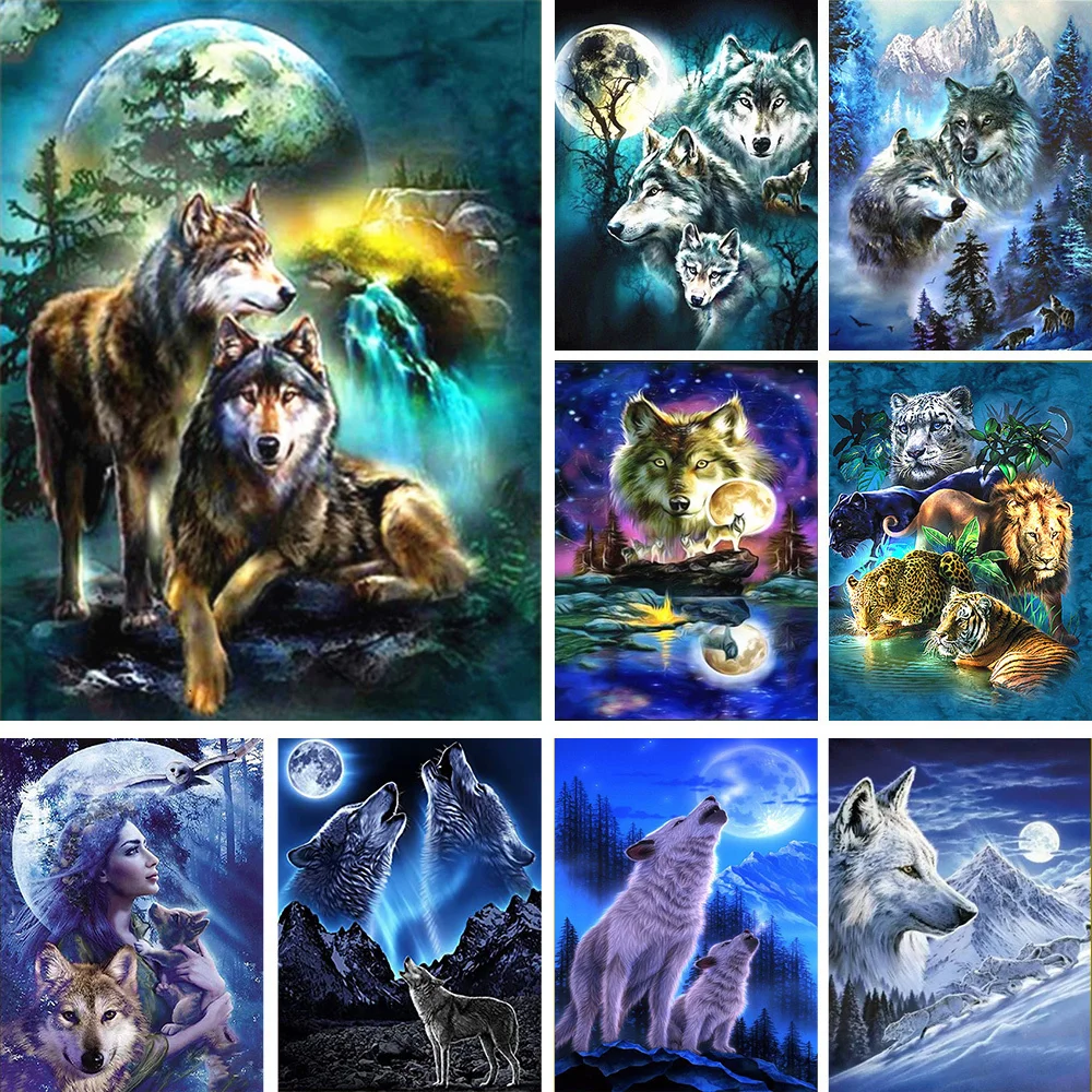 Moon And Wolf DIY Embroidery 11CT Cross Stitch Kits Craft Needlework Set Cotton Thread Printed Canvas Home Decoration On Sale