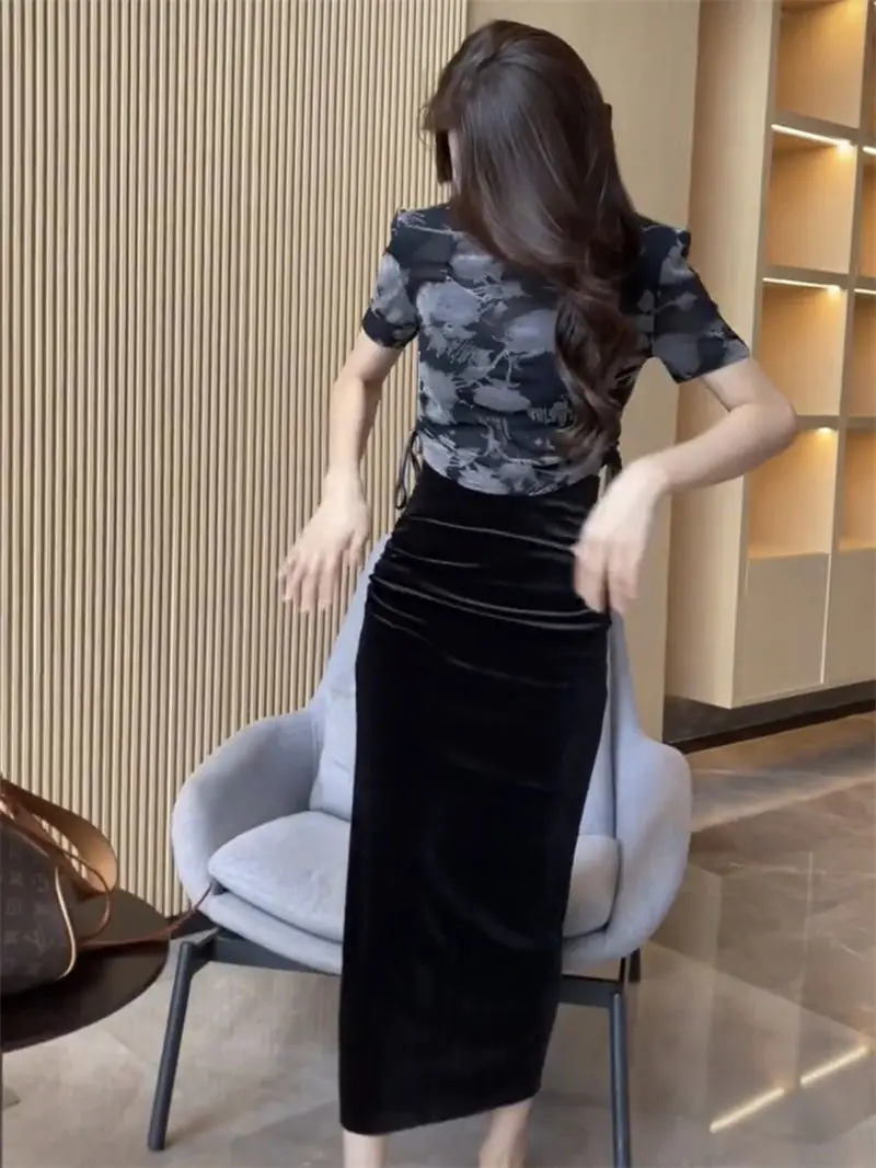 Side Drawstring Pleated Base 2025 Summer New Slim Fit Round Neck Short Sleeve T-shirt for Women