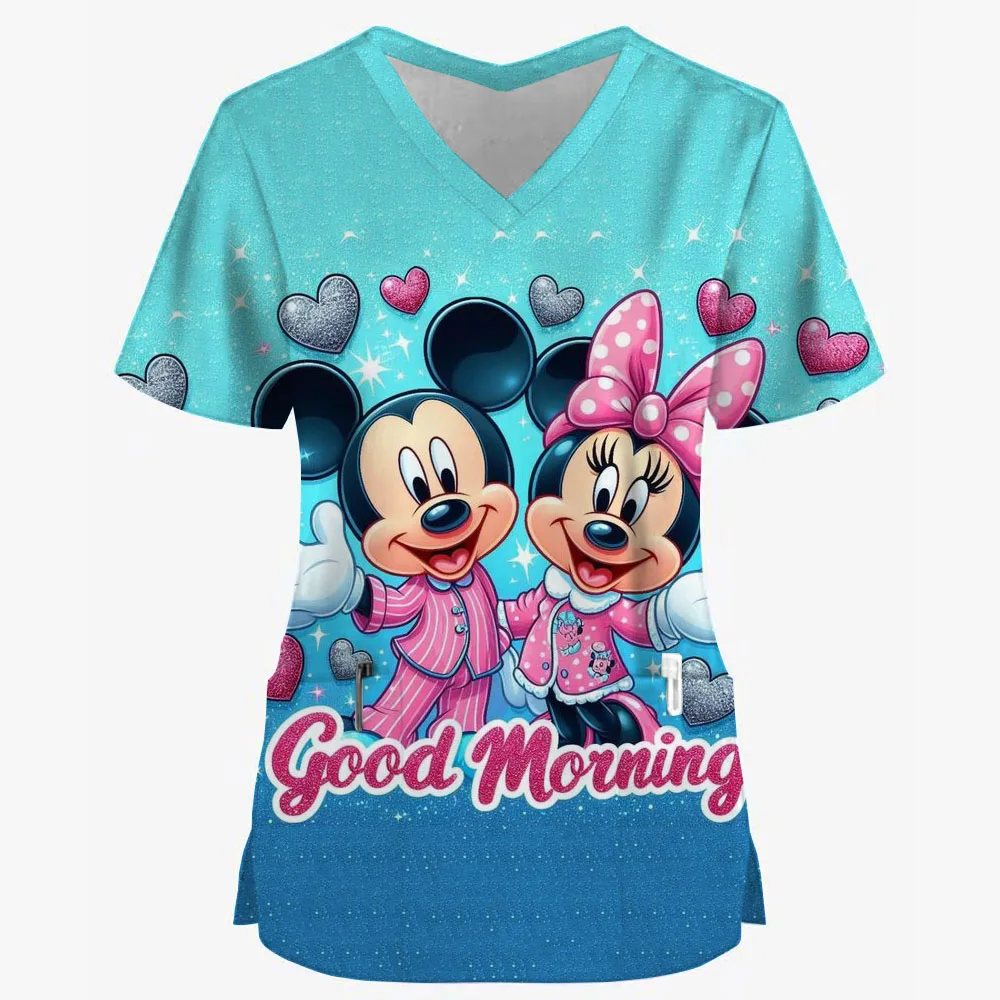 Disney Nurse Uniform Pocket Korean Clothing Black Pink Minnie Mouse Mickey Top Y2k Clothes for Women Women's Oversize T-shirt