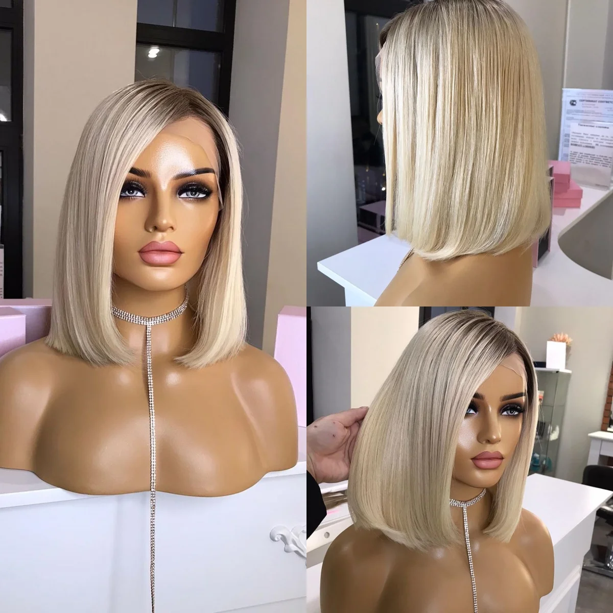 

Белый блондин Синтетический парик Короткий прямой боб 13*4 HD Парик фронта шнурка 12 дюймов Натуральная предварительно выщипанная линия волос с теневыми корнями Модный