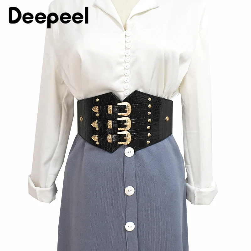 Deepeel 1pc 13*70cm New Fashion Women PU Metal Cummerbunds Rivet Elastic Decorative Corset Luxury Female Harness Waist Belt