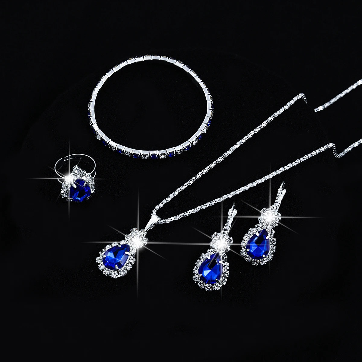 5-Piece Set of Fashionable Women's Colorful Teardrop-Shaped Stainless Steel Rhinestone Jewelry Set, Including Necklace, Bracelet, Earrings, and Ring, as a Holiday Gift for Her