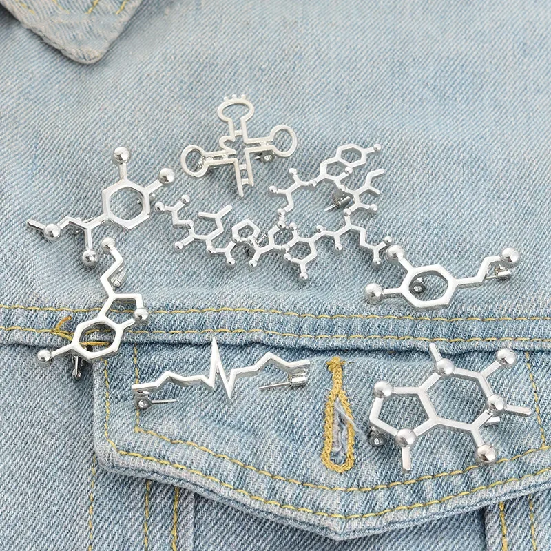 Serotonin Molecules Gene Chain Pins Silver Color Metal Brooches Backpacks Clothes Lapel Pin Badges Jewelry Gift for Kids Friends