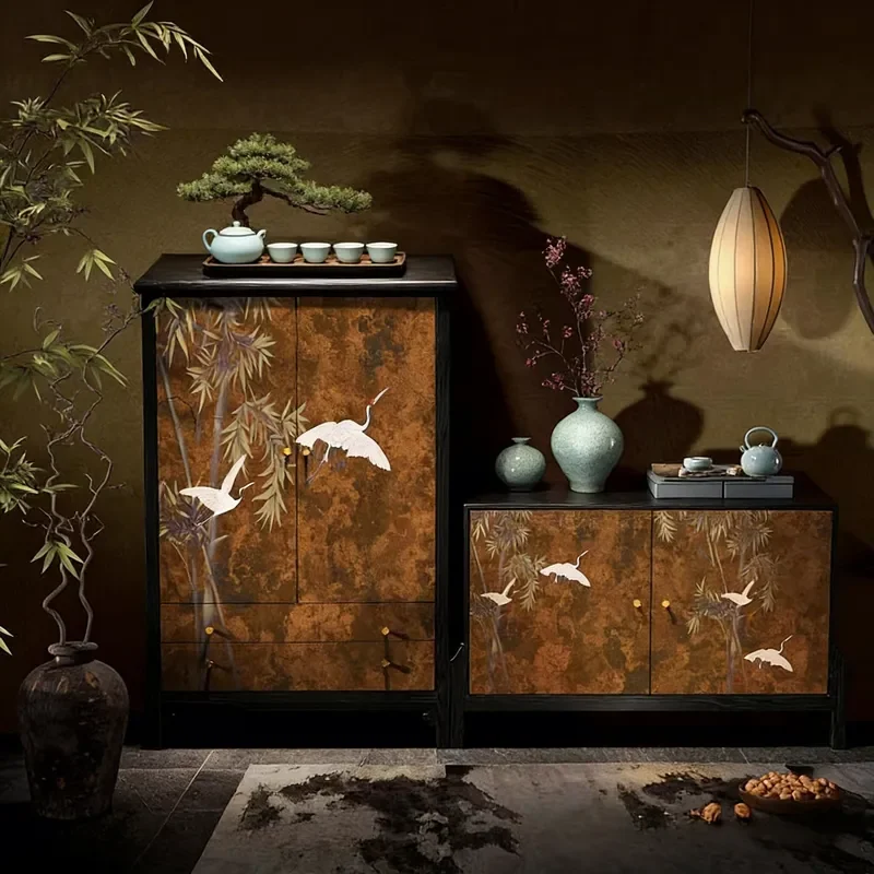 Song Style Aesthetics New Chinese Solid Wood Hollow Wardrobe Retro Painted Bamboo Crane Picture Storage Cabinet Household