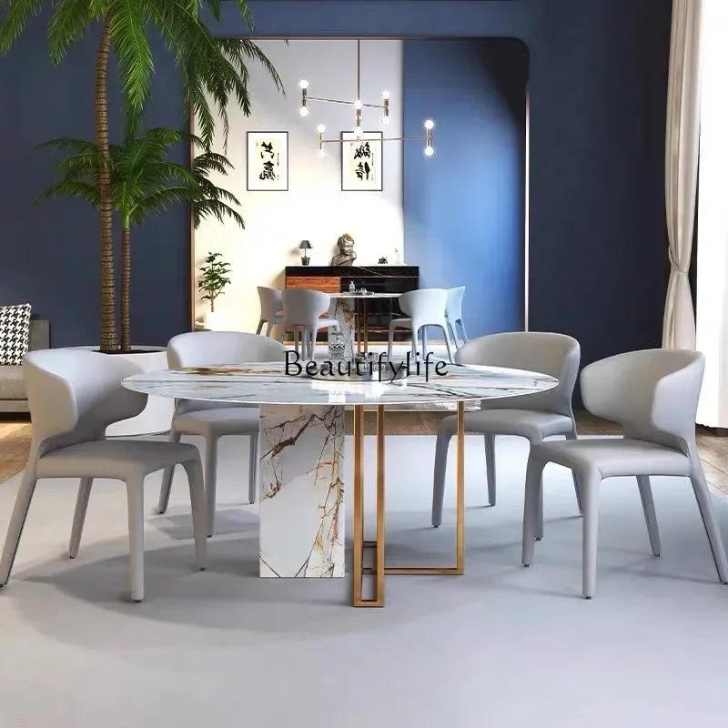 

5ld14 Round Rock Slab Dining Table with Turntable Modern Simple High-end Stainless Steel Dining Table