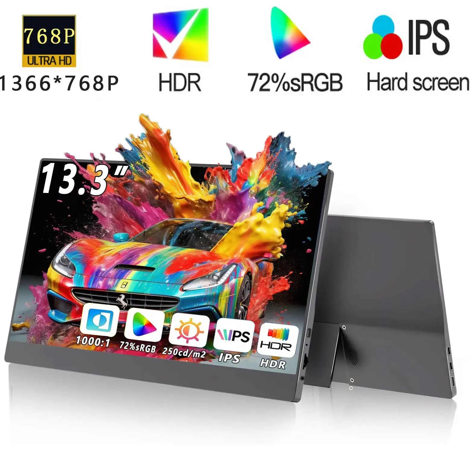 13.3 Inch Portable Monitor 1366*768P HD 72%sRGB IPS 1000.1 With Type-C Mini HDMI For Phone Laptop TV PS4/5 XBox Dack Mac Switch