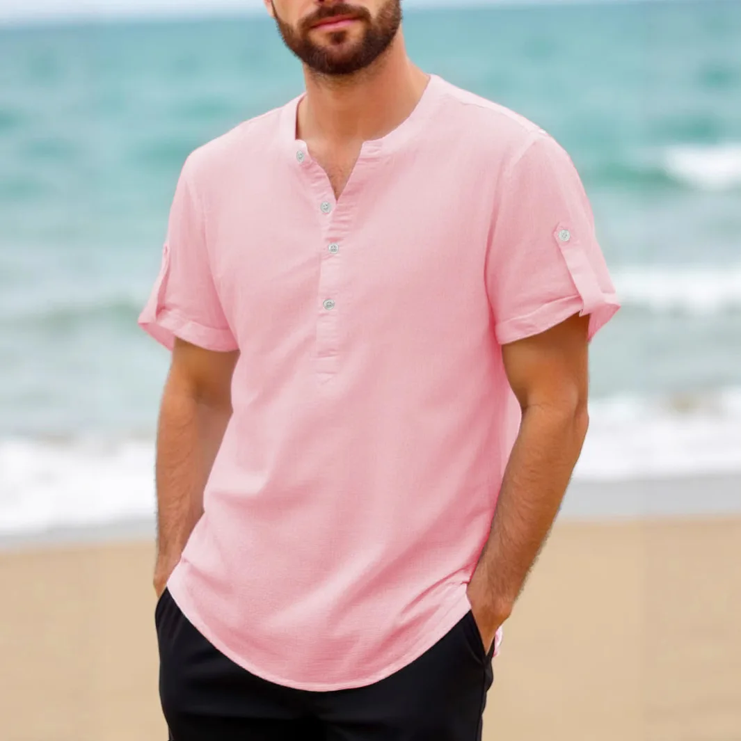 

Мужская летняя легкая рубашка Генри, дышащая повседневная рубашка с коротким рукавом, повседневная одежда для отпуска, облегающие однотонные топы