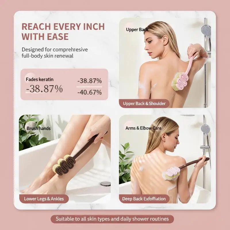 Long Handle Shower Back Brush Double Sided Soft Bristles Ergonomic Design Wet Dry Dual Use for Body Scrub Bath Shower