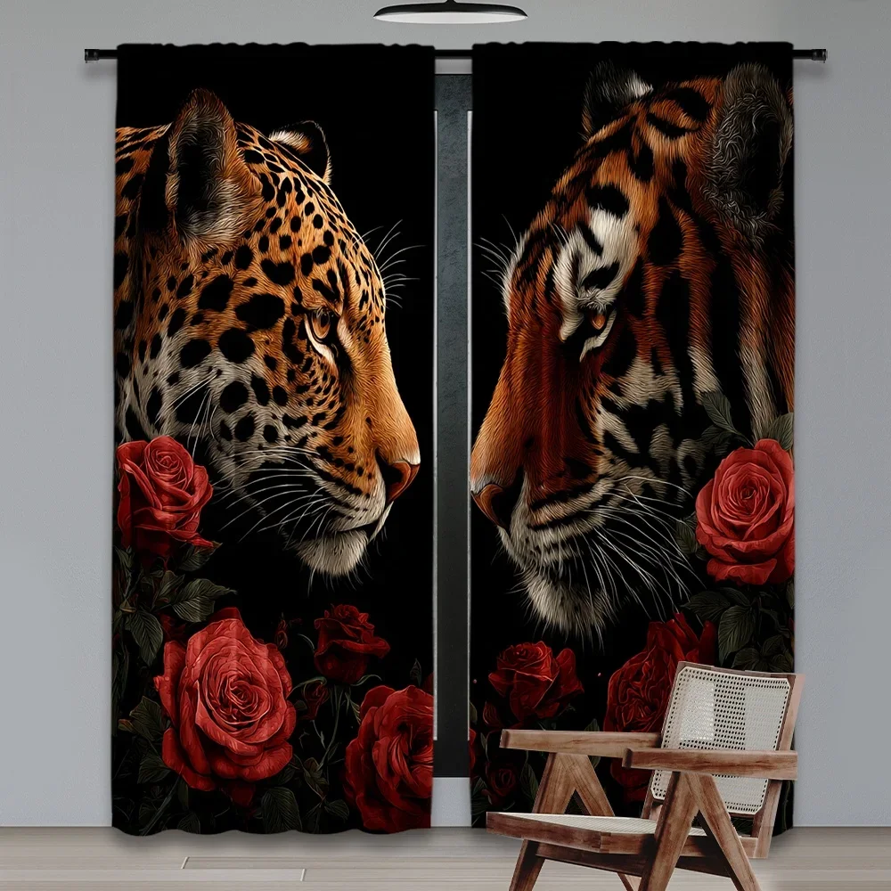 2D الطباعة المسطحة 2 قطعة ستائر النافذة ليوبارد ونمر الورود الرقمية المطبوعة البوليستر الستائر الأسرة استخدام الحفلات لغرفة النوم