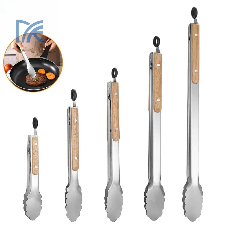 Leeseph Stainless Steel Food Tongs - Heavy Duty Kitchen Tongs with Wooden Handle for Cooking, Grilling and BBQ  7-16 Inch Length