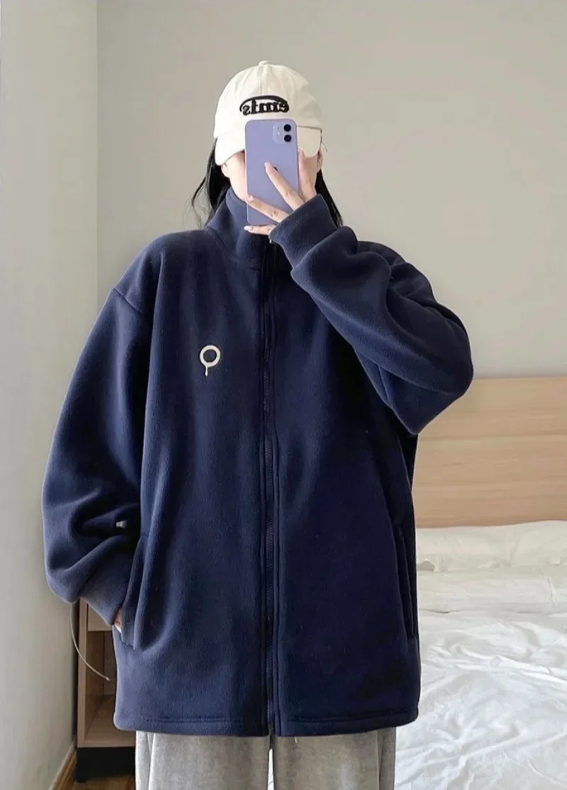 Women Simple Loose Casual Fleece Sweatshirts Stand Collar Solid Colors Zipper Sweatshirts Spring Autumn New Chic Logo Outwears