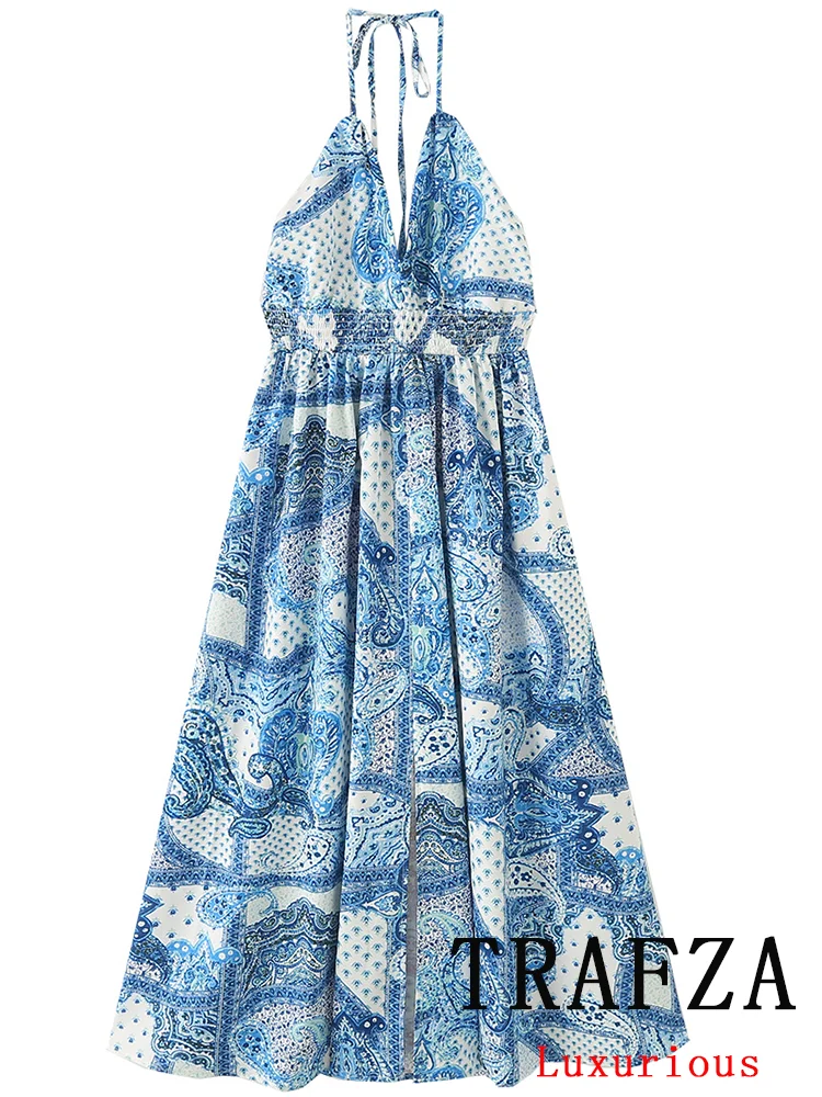 Trafza Vintage Casual Chic Print Vrouwen Jurk Halter Strand Lange Jurk Mode 2024 Zomer Chique Boho Feest Vrouwelijke Jurk