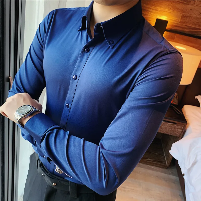 2024 High Quality Solid Color Men\'s Shirt Formal Business Dress Office Wedding Shirts Long Sleeve Casual Social Blouse Chemise