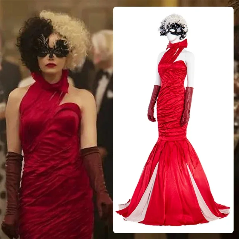 x;3,f'6;h\9/Anime Movie 101 Dalmatians Cruella De Vil Cosplay Costume Wig Black White Witch Red Dress Sexy Woman Out6'h.8\j,3/f'