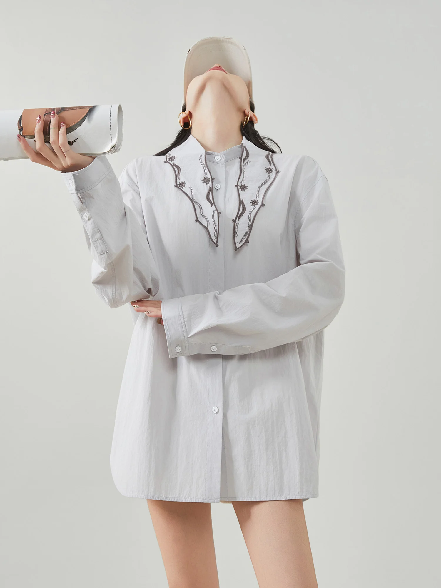 

Ele Embroidered Long Sve irt Women's Spring 2026 New Sle Commute Simple Sle Faux Wrap Overcoat Blouse
