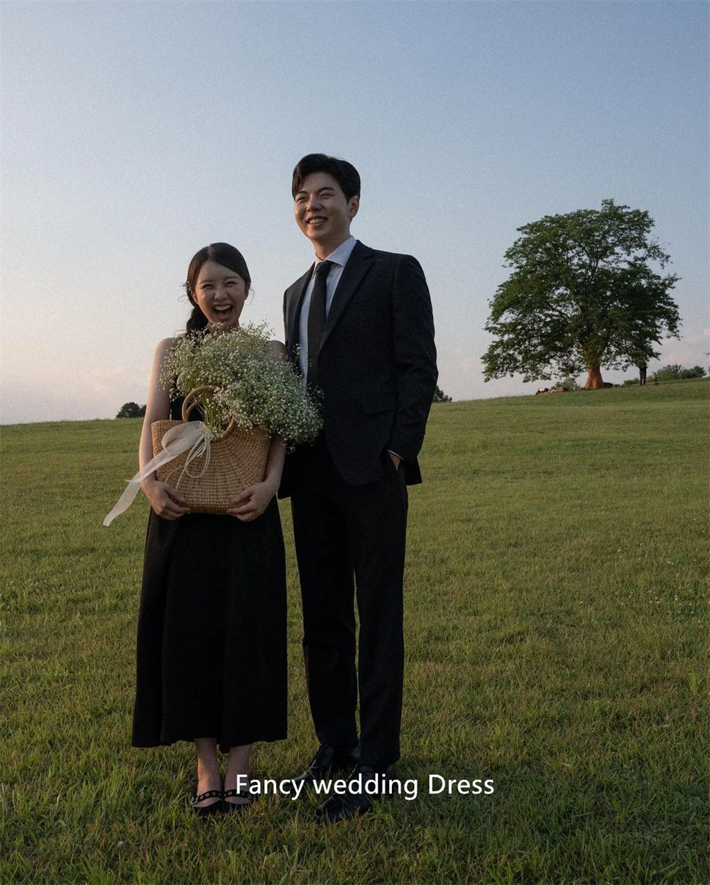 Vestido de novia de línea A negro Simple de lujo, sesión de fotos de Corea, correas de espagueti, tafetán, longitud de té, hecho A medida