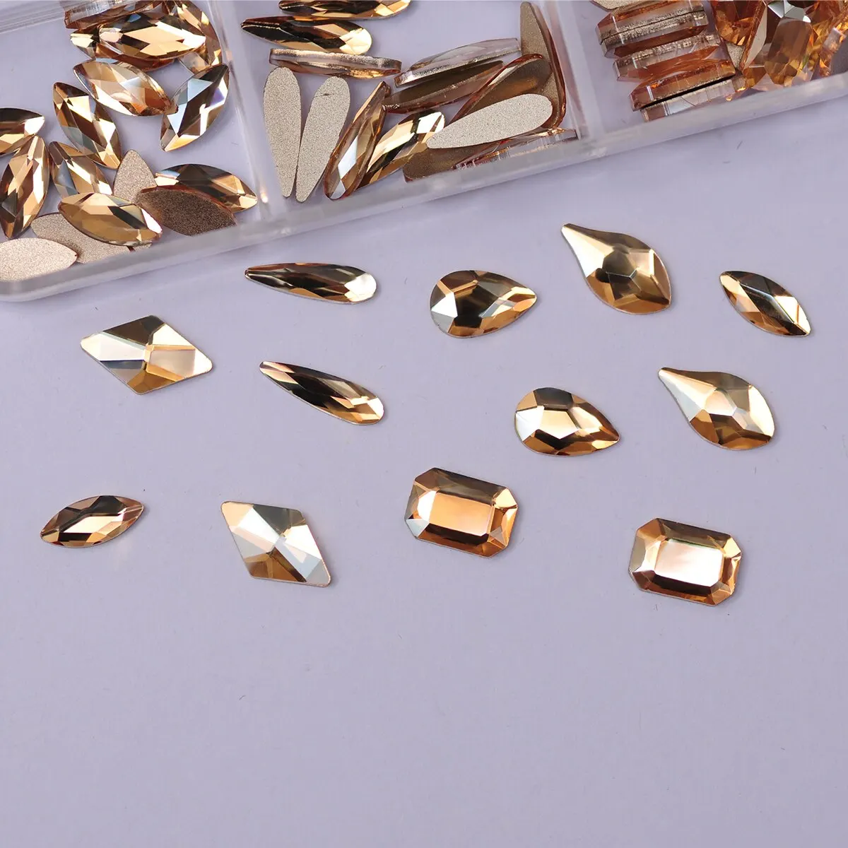 6 Grids 120pcs Mixed Shapes Golden Shadow Nail Rhinestones Nail Charms Accessories Flat Back 3D DIY Nails Art Decoration