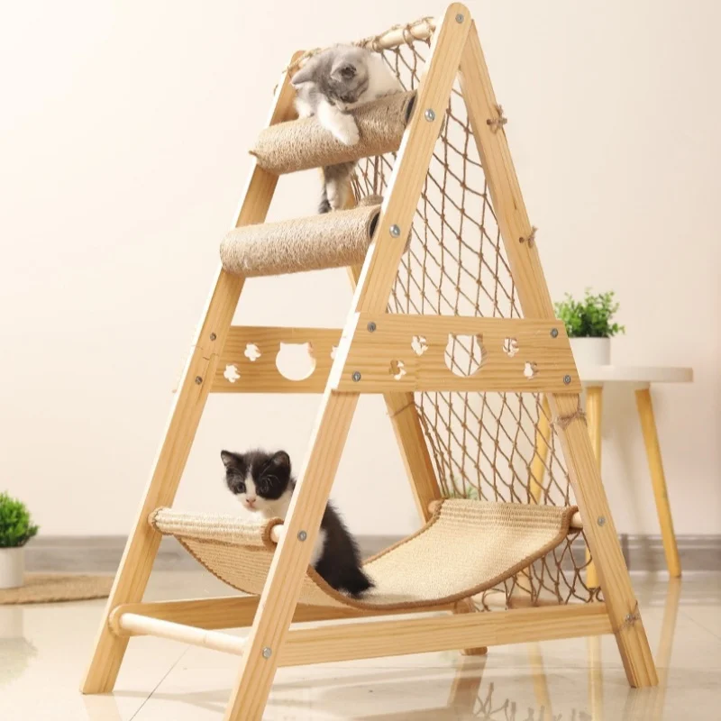 

Многофункциональная рама для скалолазания для кошек, многослойная деревянная веревка из сизаля, рама для скалолазания на дереве для кошек с подвижными шариками и гамаком