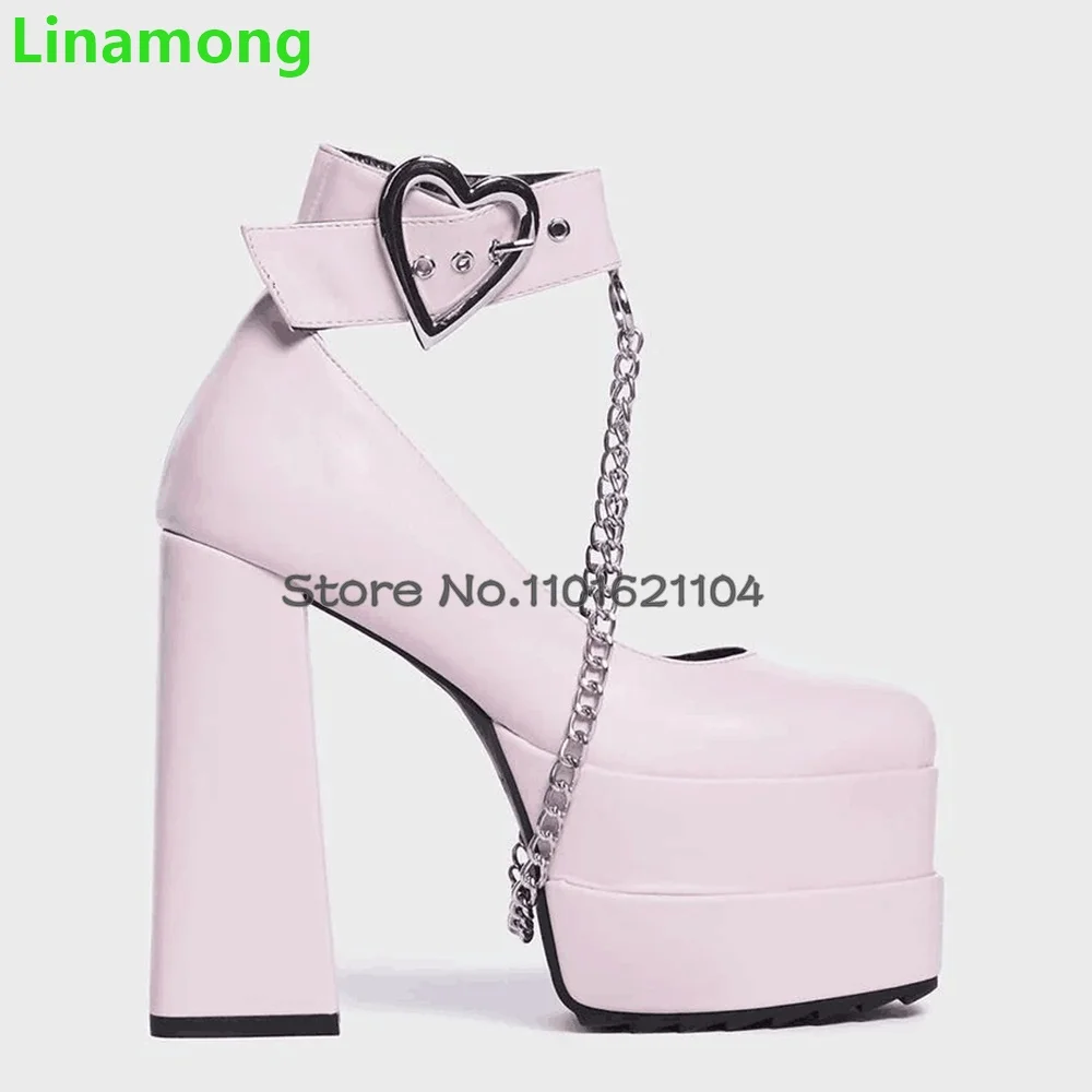 Pink Square Heel Platform Pumps For Female Women 2023 New Love Buckle Strap Metal Chain Solid Shallow Elegant Fashion Shoes
