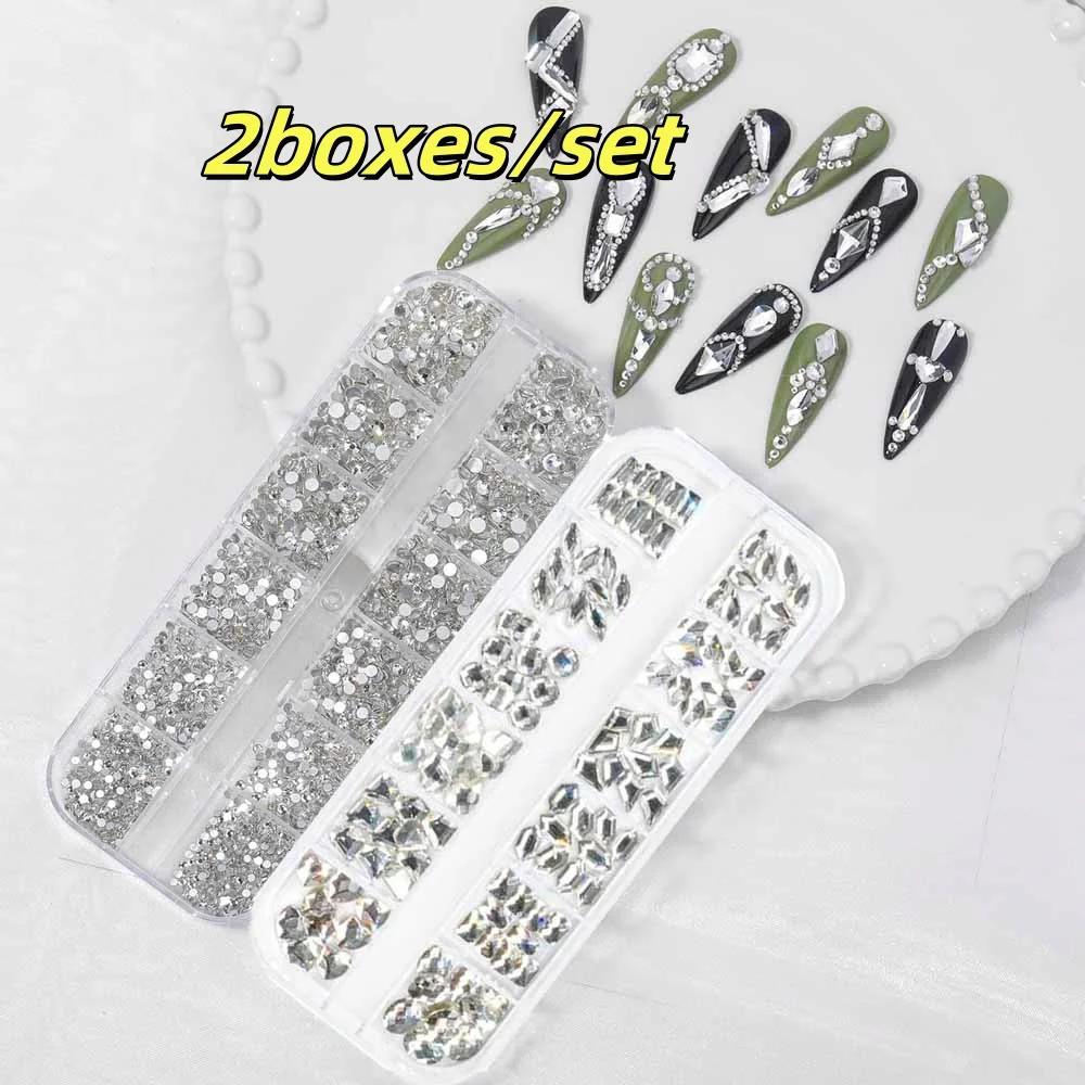 

2Boxes 3D Acrylic Gemstones Water Drop/Heart/Gems Nail Art Rhinestones Multi-Size DIY Manicure Salon & Home Use Nail Accessories