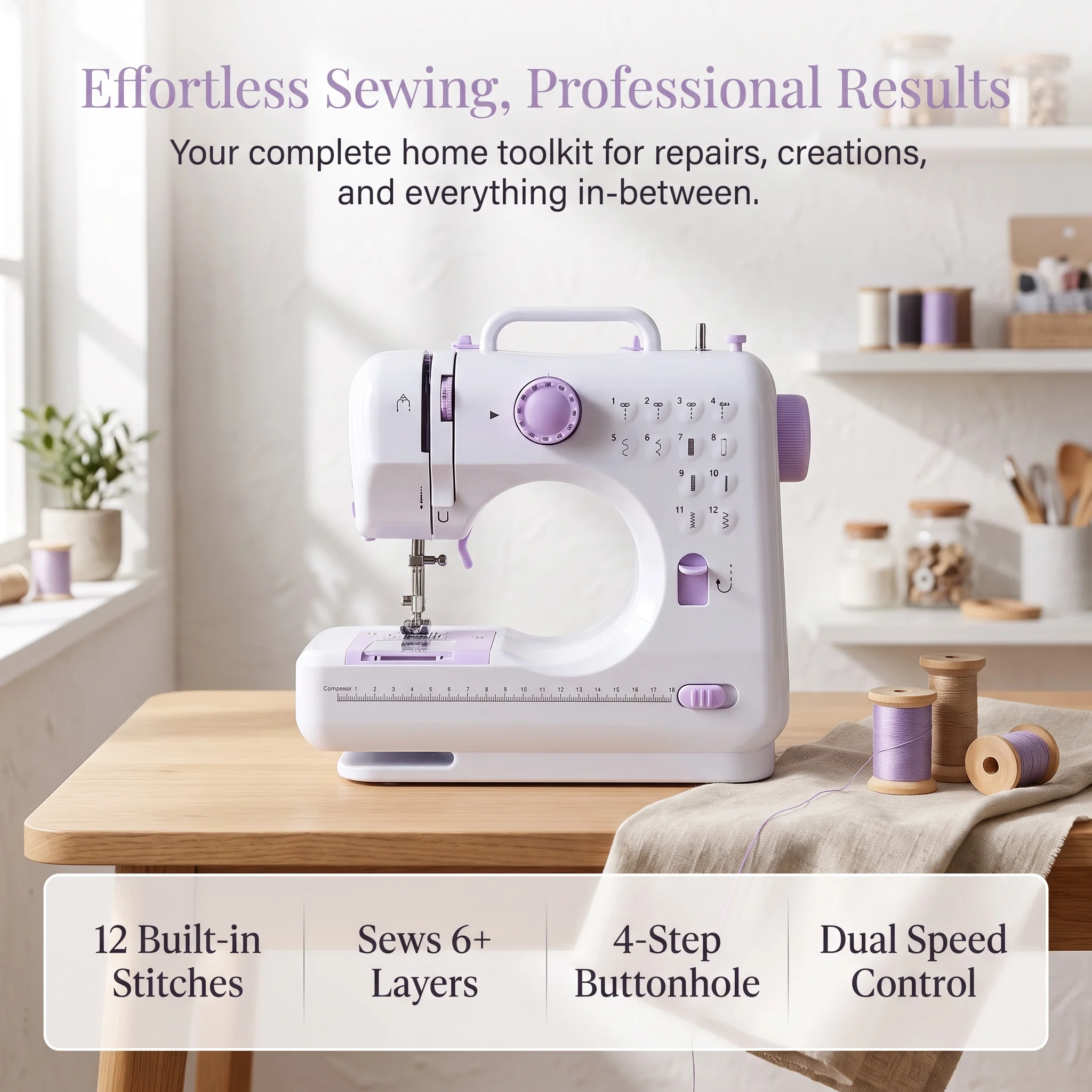 Portable Mini Electric Sewing Machine for Beginners 12 Stitches Foot Pedal Night Light Speed Control for DIY Home Sewing Mending