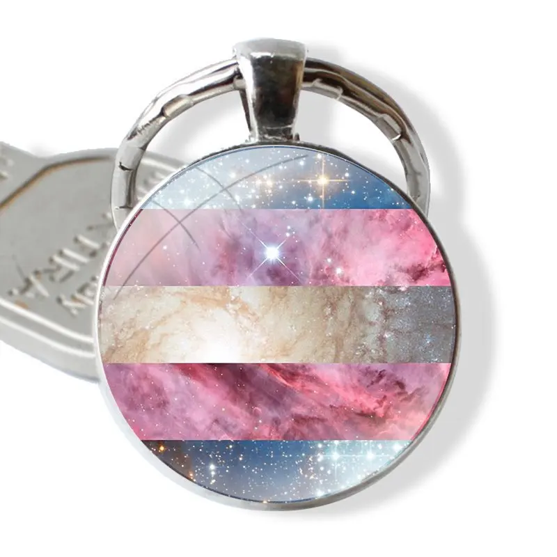 Keychain Handmade Glass Cabochon Key Ring Holder Pendant Key Chains Genderfluid Pride Flag Galaxy