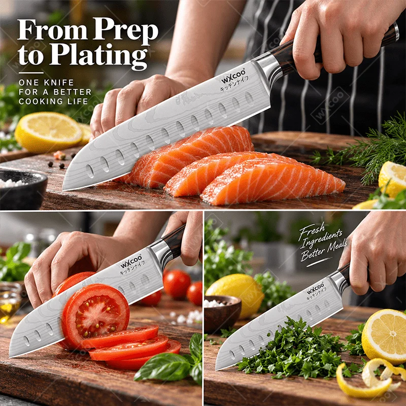 Cuchillo de cocina profesional tipo Santoku, de acero inoxidable, con mango de madera, ideal para el uso doméstico y la preparación de alimentos, se entrega en una caja de regalo.