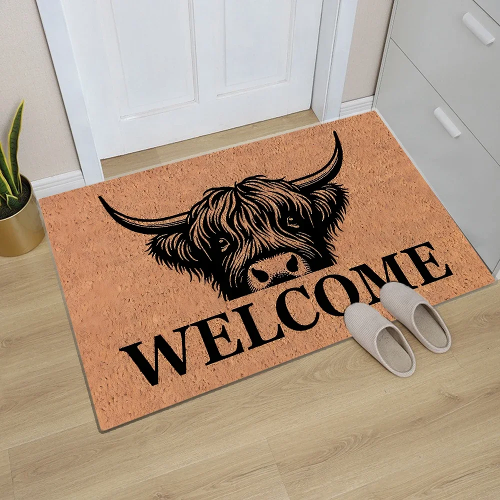VIKAMA Highland Cow Welcome Doormat Rustic Style Indoor/Outdoor Area Rug Kitchen & Bedroom Non-Slip Mat Home Decor